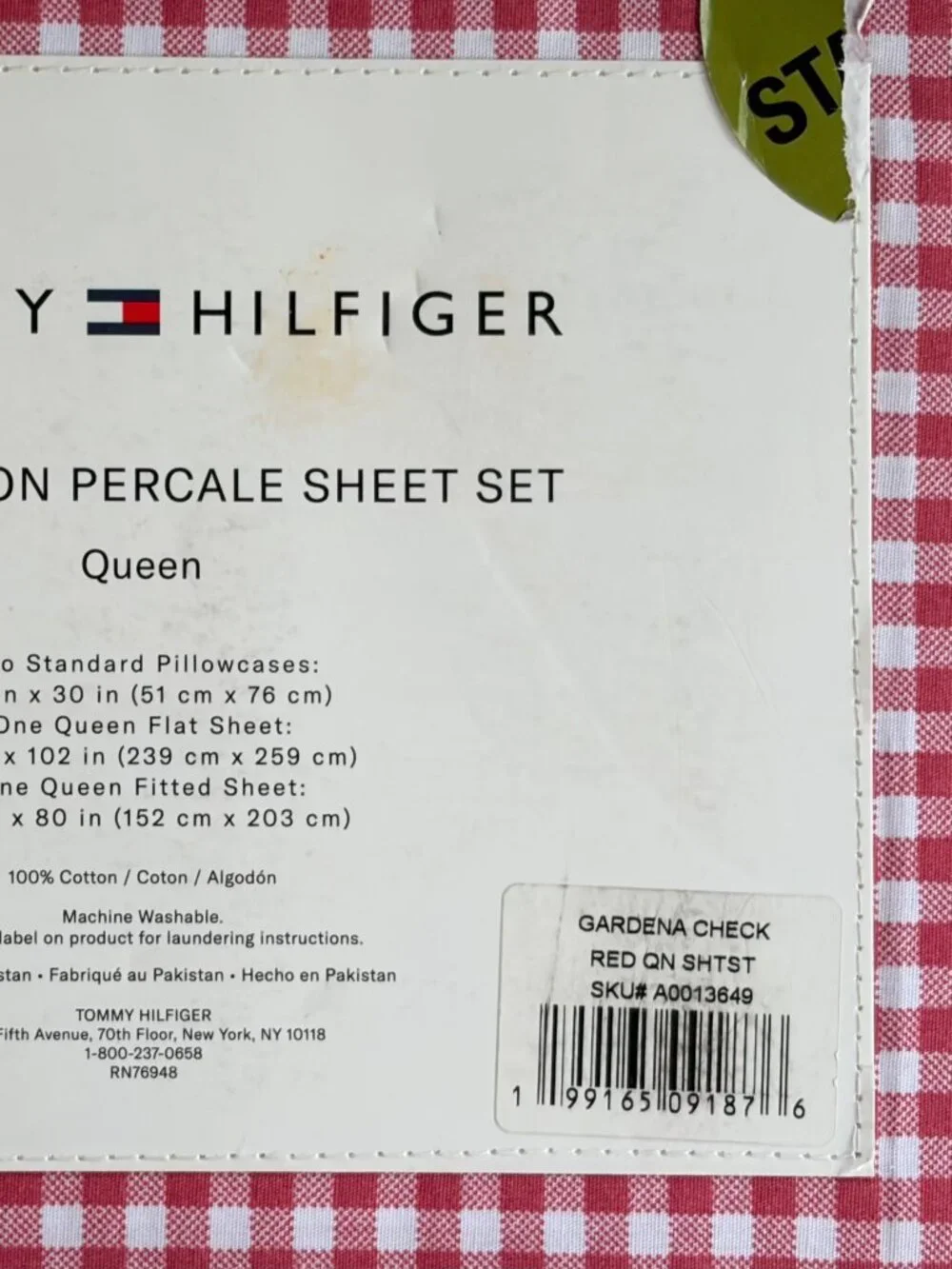 Tommy Hilfiger Queen Size GARDENA Cotton Percale Sheet Set Red Checked Plaid
